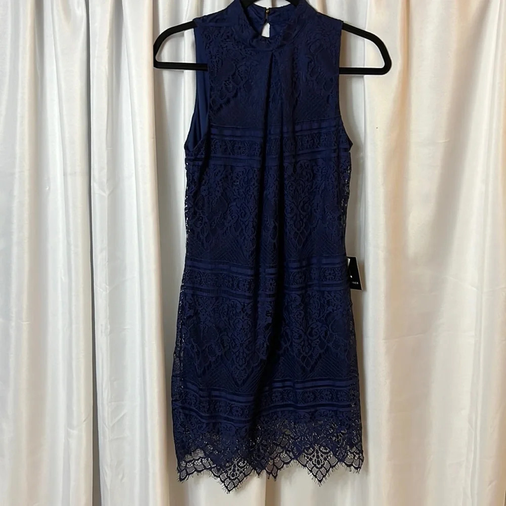 I.N. San Francisco Navy Blue Lace High-Neck Shift Dress
